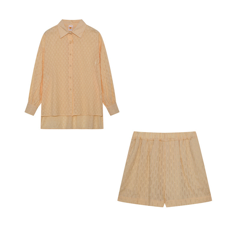 Co-Ord Set - Vrouwen Lange Mouwen Button-Up Blouse en Korte Broeken Set voor de Zomer-Boetiek Moda
