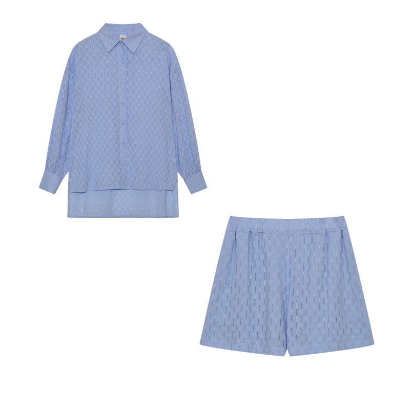 Co-Ord Set - Vrouwen Lange Mouwen Button-Up Blouse en Korte Broeken Set voor de Zomer-Boetiek Moda