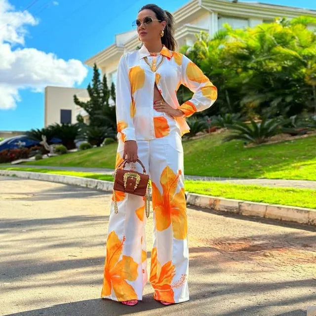 Co-ord set - Damesbloemenbroek met wijde pijpen en overhemd tweedelige set voor de zomer-Boetiek Moda