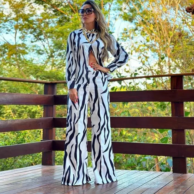 Co-ord set - Damesbloemenbroek met wijde pijpen en overhemd tweedelige set voor de zomer-Boetiek Moda
