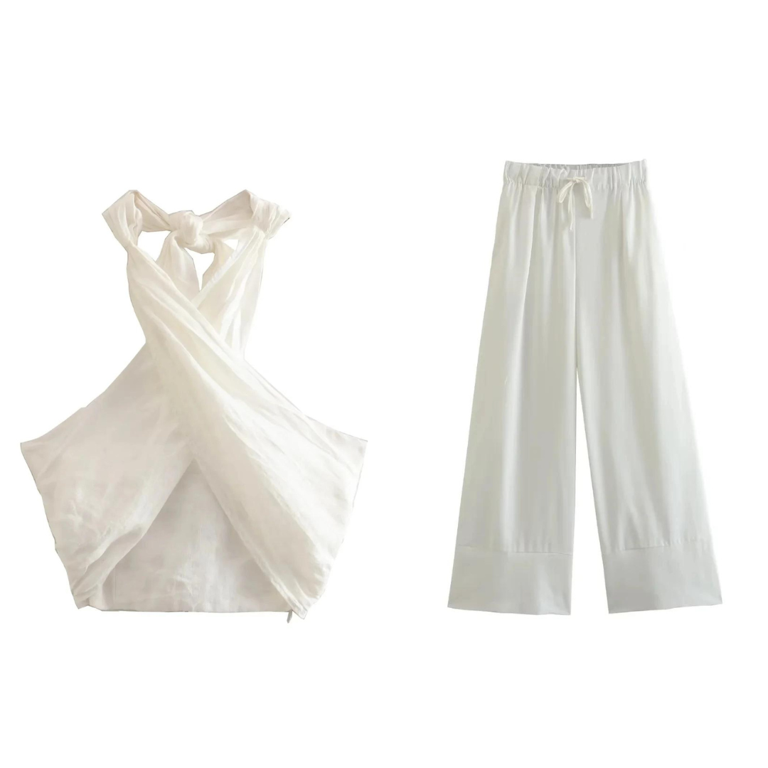 Coord Set - Linnen - Wijde pijpen - Halternek - Tweedelige set - Zomerkleding voor dames-Boetiek Moda