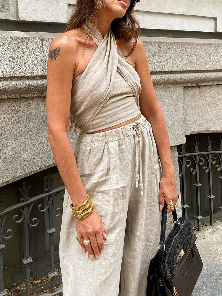 Coord Set - Linnen - Wijde pijpen - Halternek - Tweedelige set - Zomerkleding voor dames-Boetiek Moda
