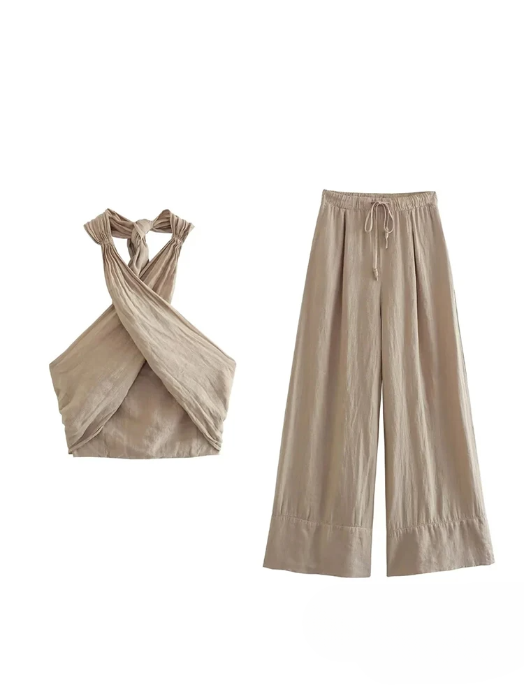Coord Set - Linnen - Wijde pijpen - Halternek - Tweedelige set - Zomerkleding voor dames-Boetiek Moda