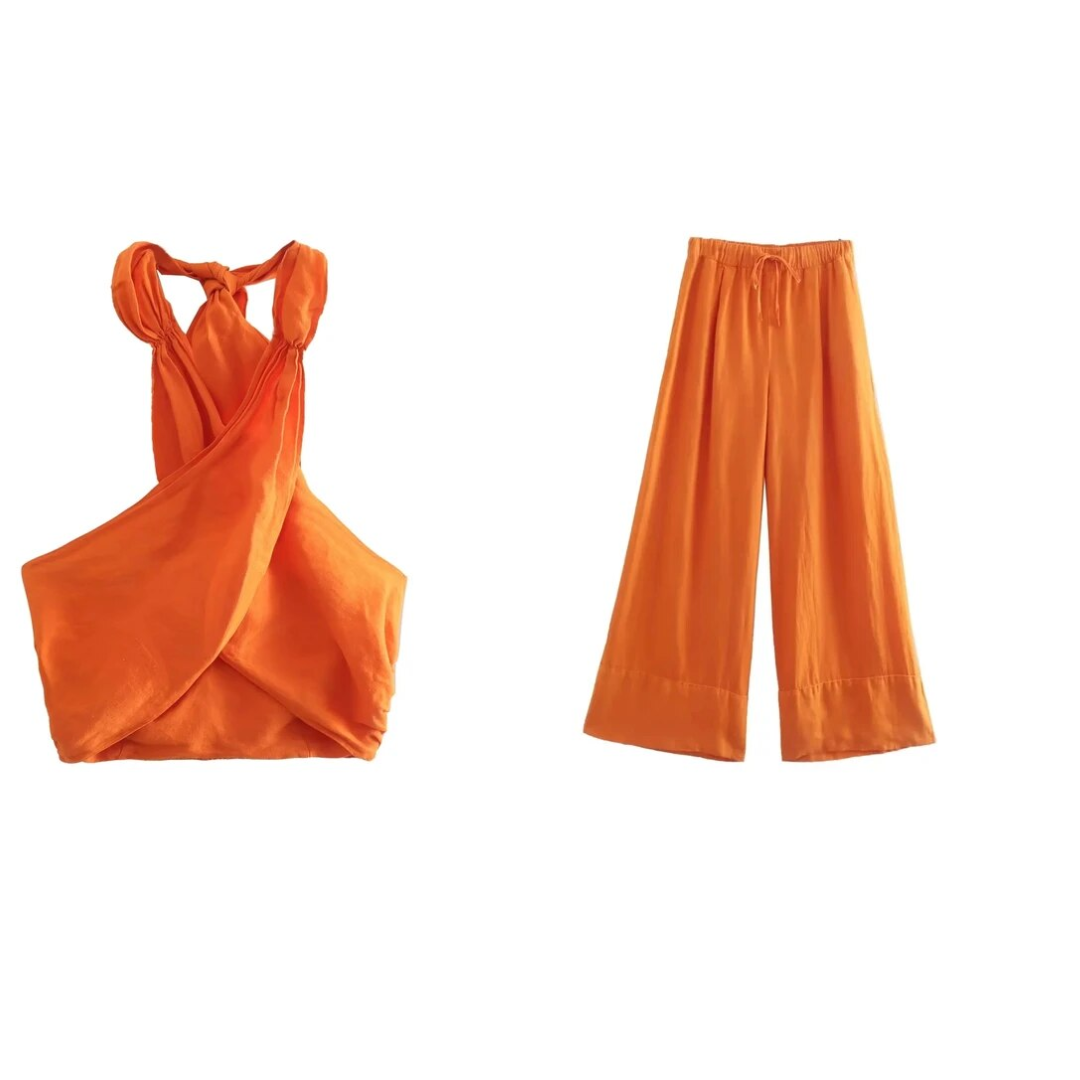 Coord Set - Linnen - Wijde pijpen - Halternek - Tweedelige set - Zomerkleding voor dames-Boetiek Moda