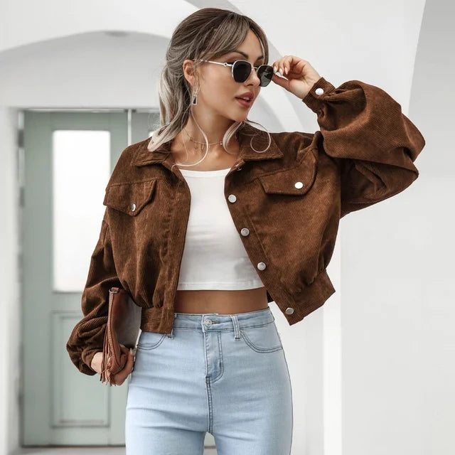 Corduroy Jas | Button-Up | Lantaarn Mouw | Cropped Jas | Bomberjack voor Vrouwen-Boetiek Moda