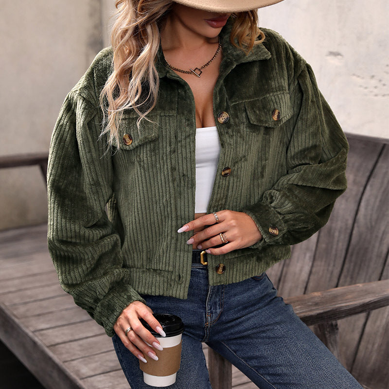 Corduroy Jas - Kort - Knopen - Groene Jas - Damesjas-Boetiek Moda