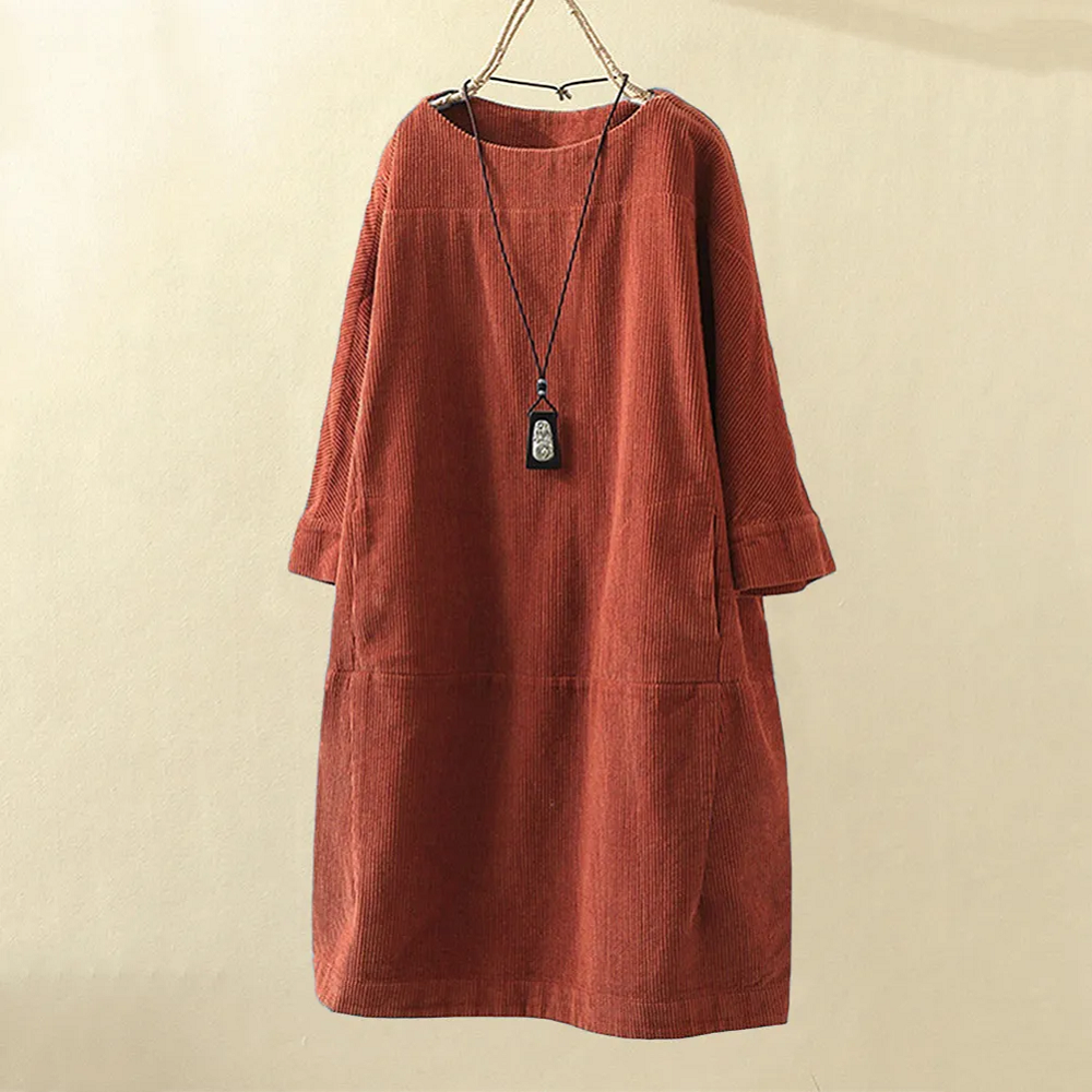 Corduroy Jurk - Dames Loose Fit Midi Jurk met Lange Mouwen-Boetiek Moda