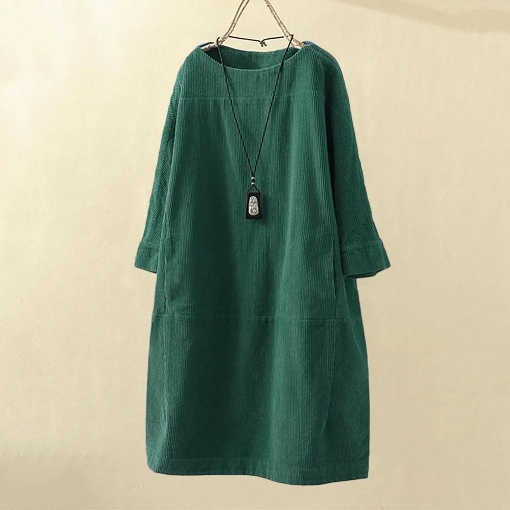 Corduroy Jurk - Dames Loose Fit Midi Jurk met Lange Mouwen-Boetiek Moda