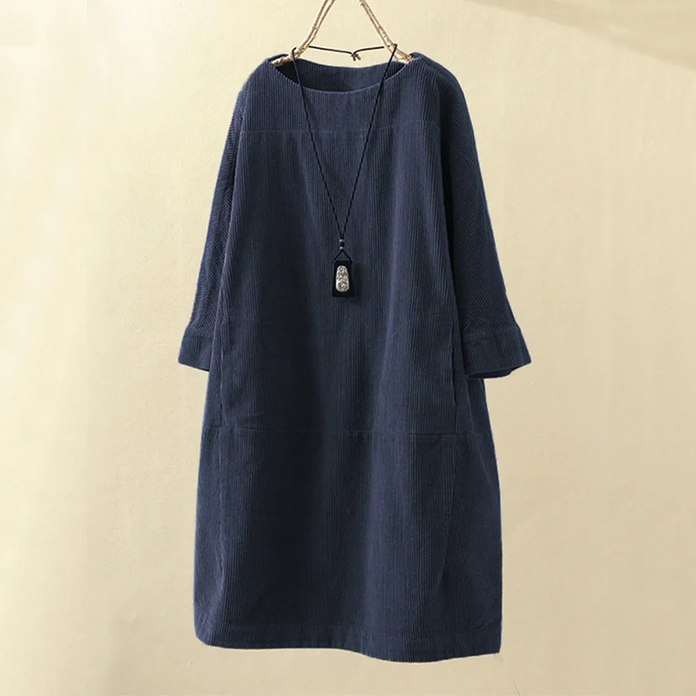 Corduroy Jurk - Dames Loose Fit Midi Jurk met Lange Mouwen-Boetiek Moda