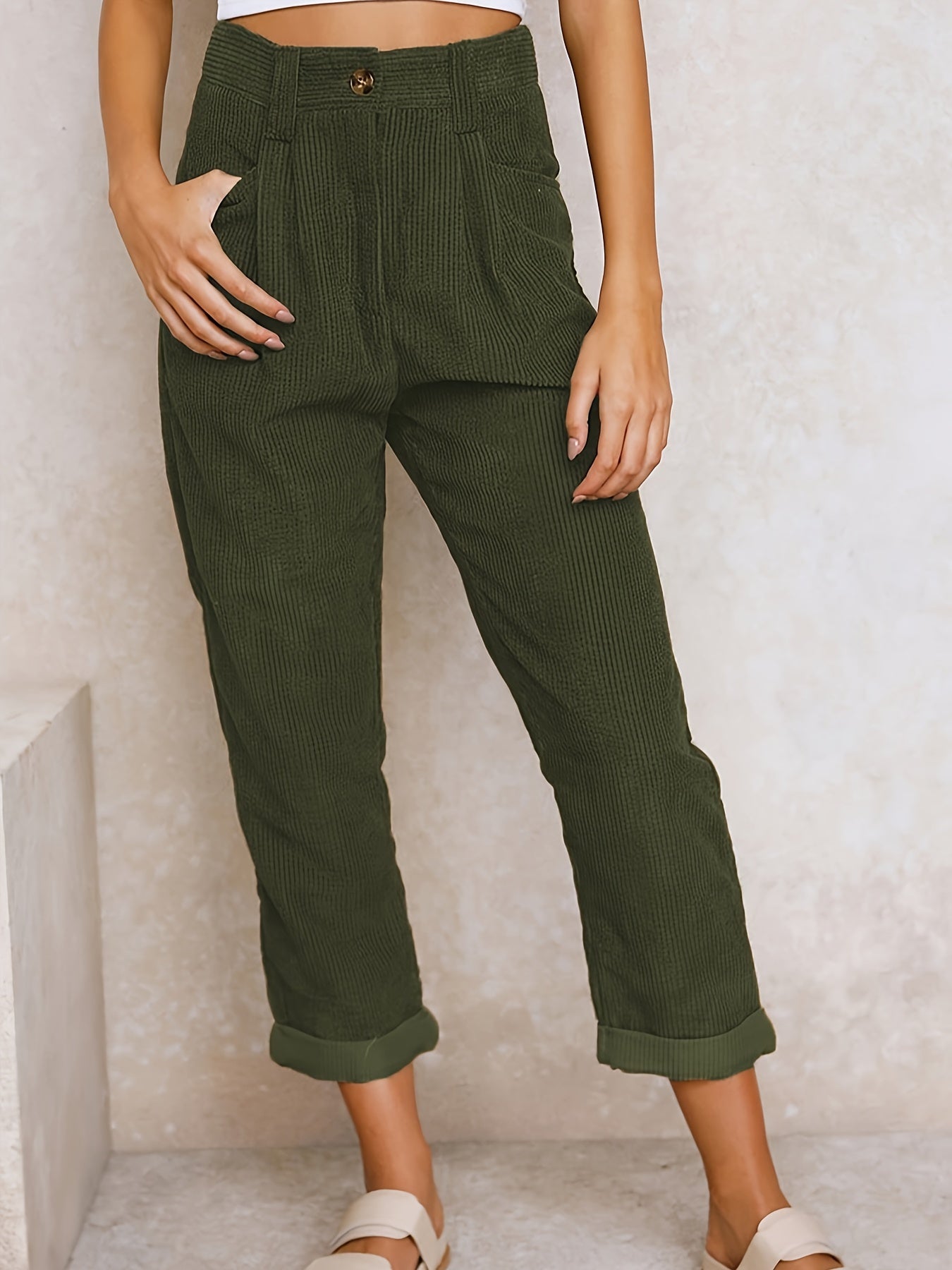 Corduroy broek - Losse pasvorm - Baggy - Hoge taille - Damesbroek-Boetiek Moda