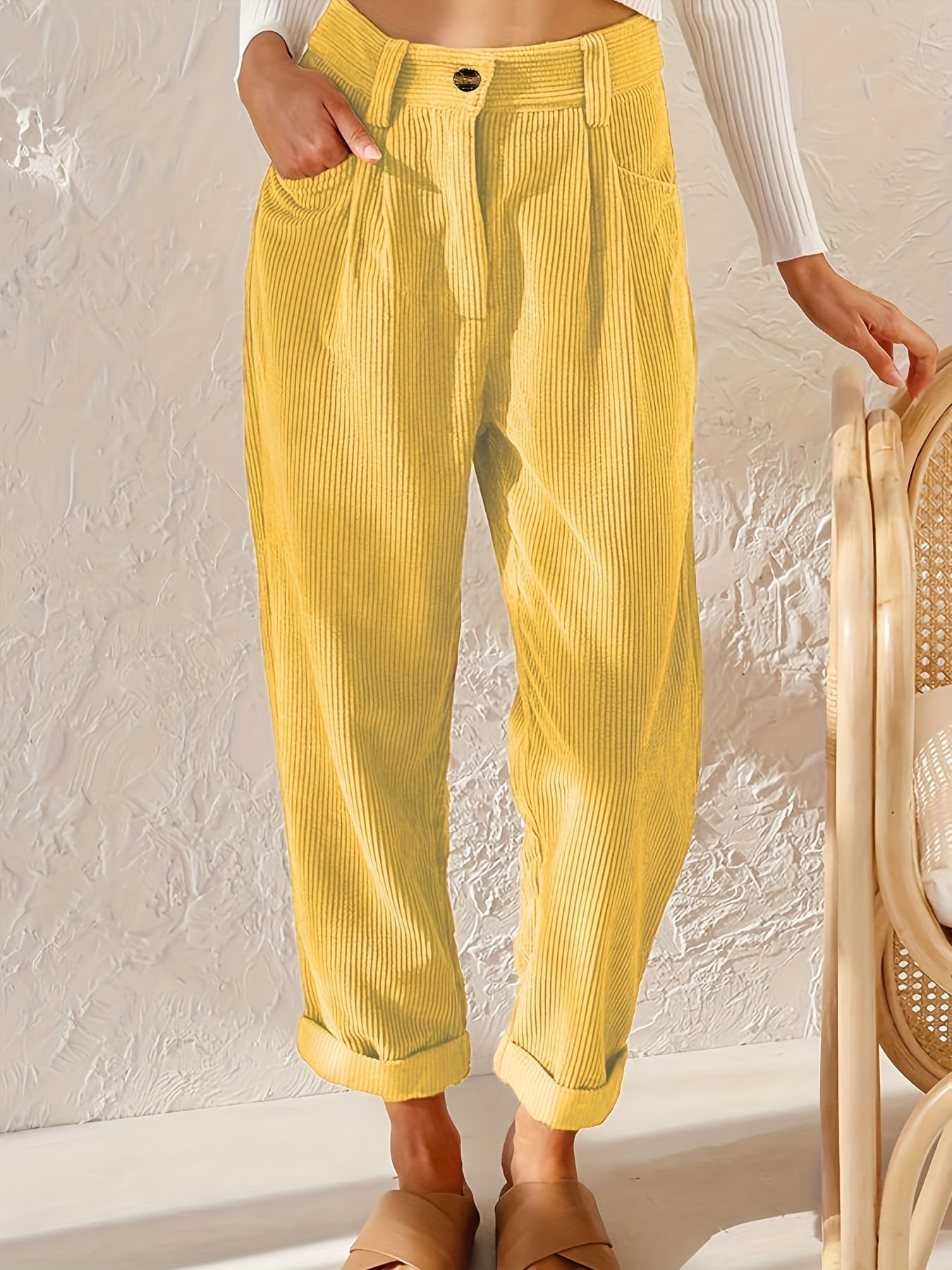 Corduroy broek - Losse pasvorm - Baggy - Hoge taille - Damesbroek-Boetiek Moda
