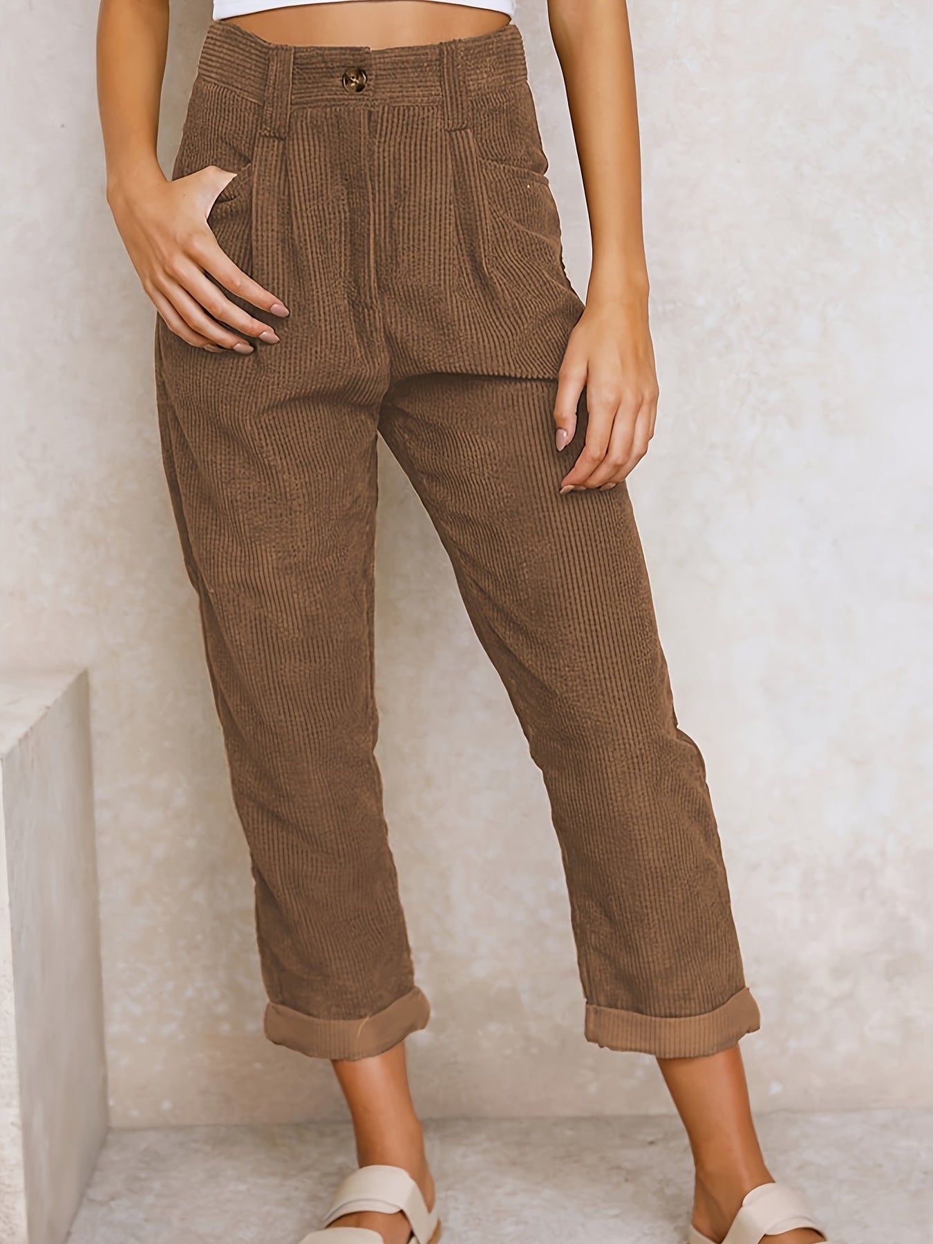 Corduroy broek - Losse pasvorm - Baggy - Hoge taille - Damesbroek-Boetiek Moda