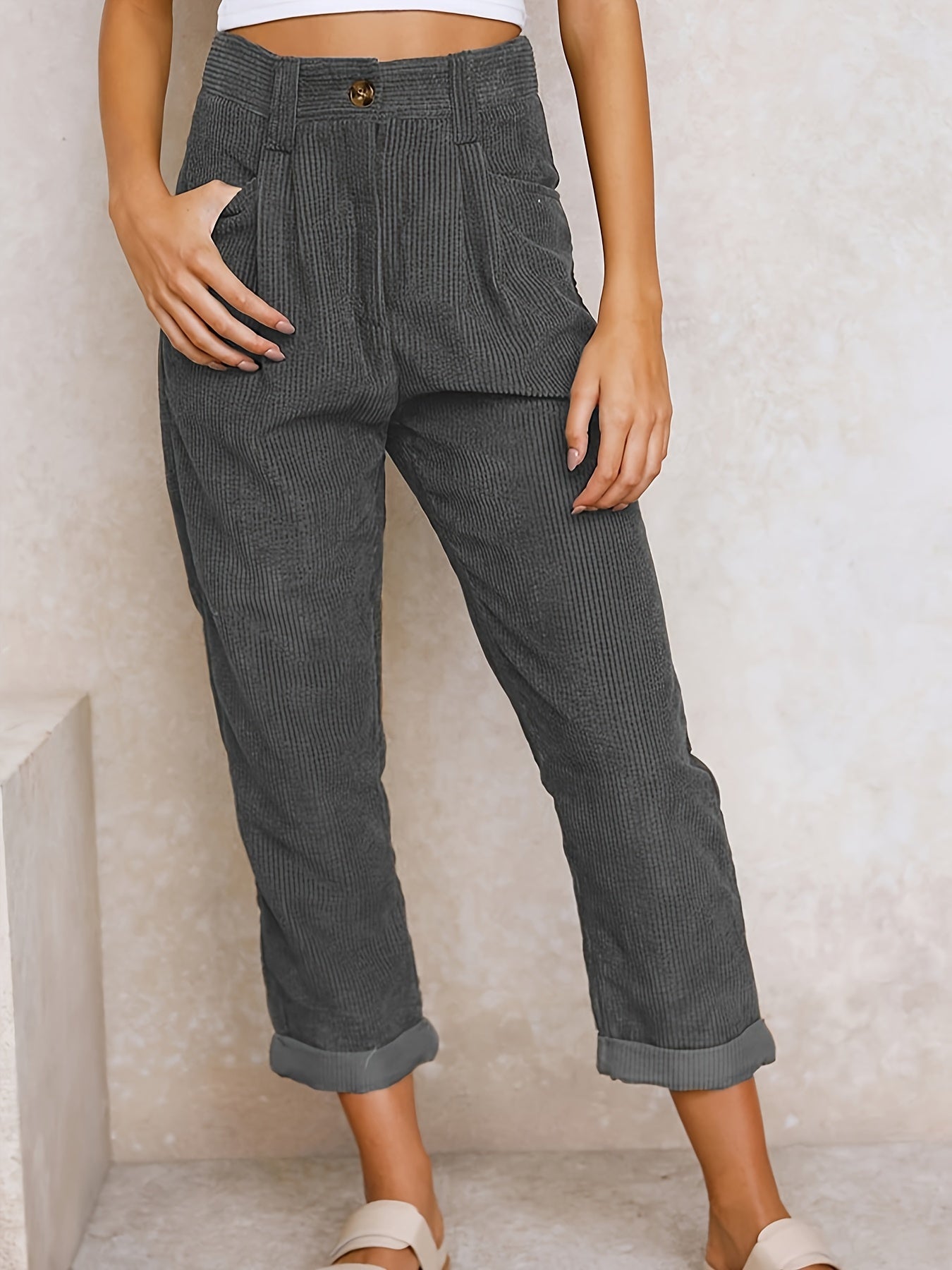 Corduroy broek - Losse pasvorm - Baggy - Hoge taille - Damesbroek-Boetiek Moda