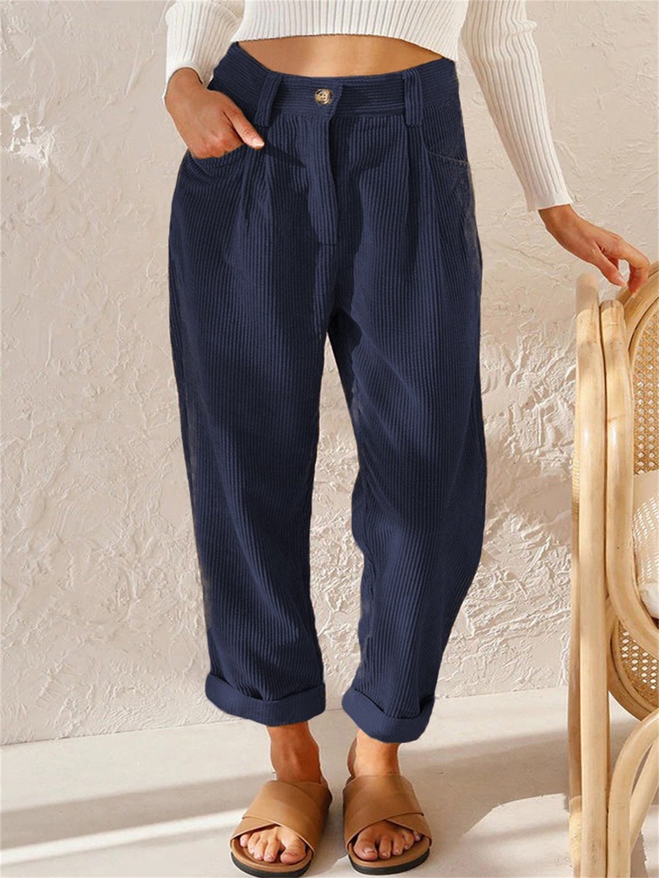 Corduroy broek - Losse pasvorm - Baggy - Hoge taille - Damesbroek-Boetiek Moda