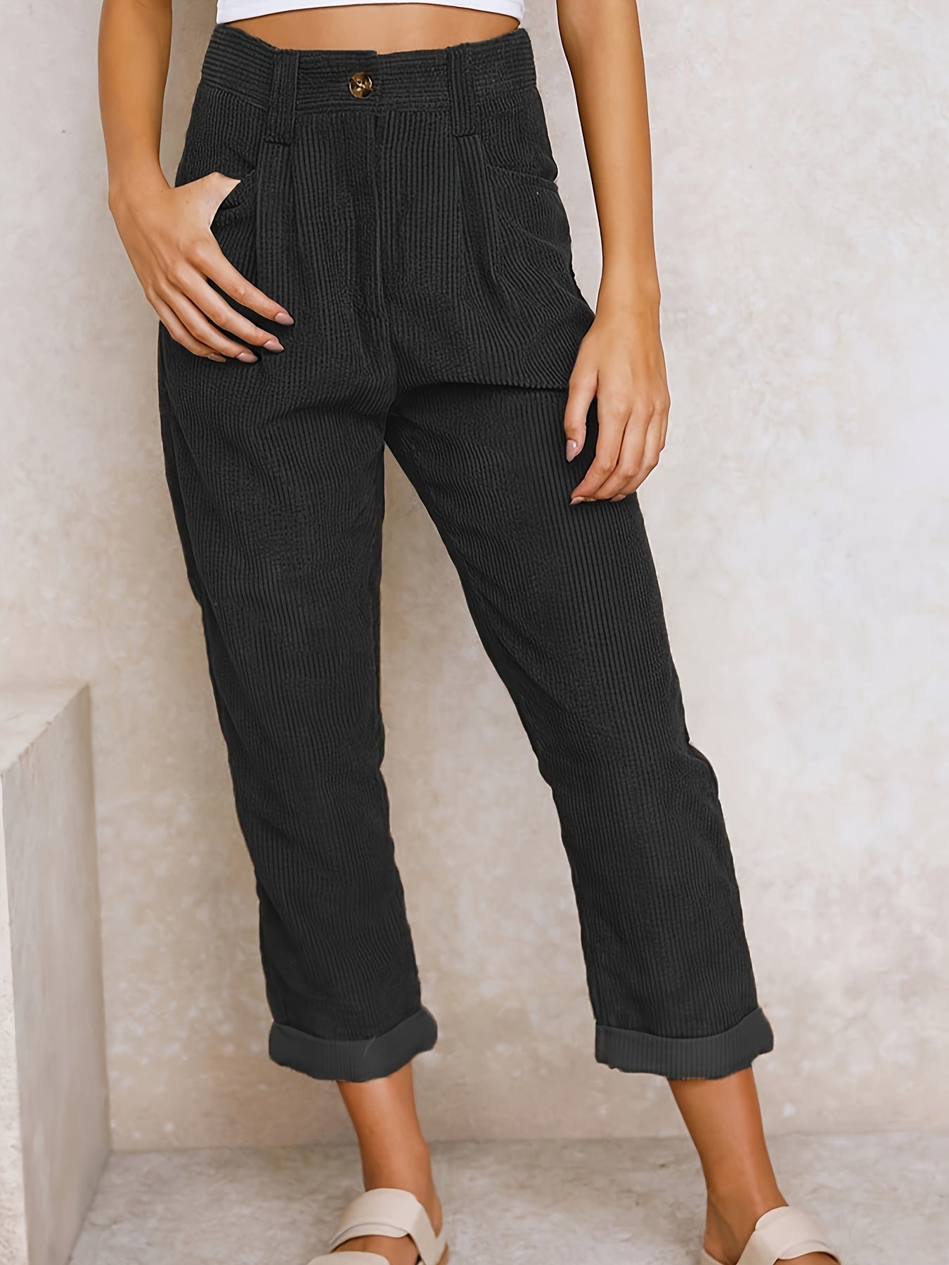 Corduroy broek - Losse pasvorm - Baggy - Hoge taille - Damesbroek-Boetiek Moda
