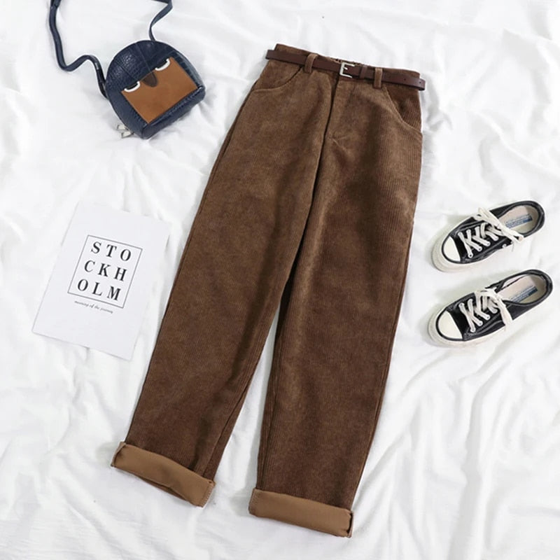 Corduroy broek - Loszittende baggy corduroy broek met hoge taille voor dames-Boetiek Moda