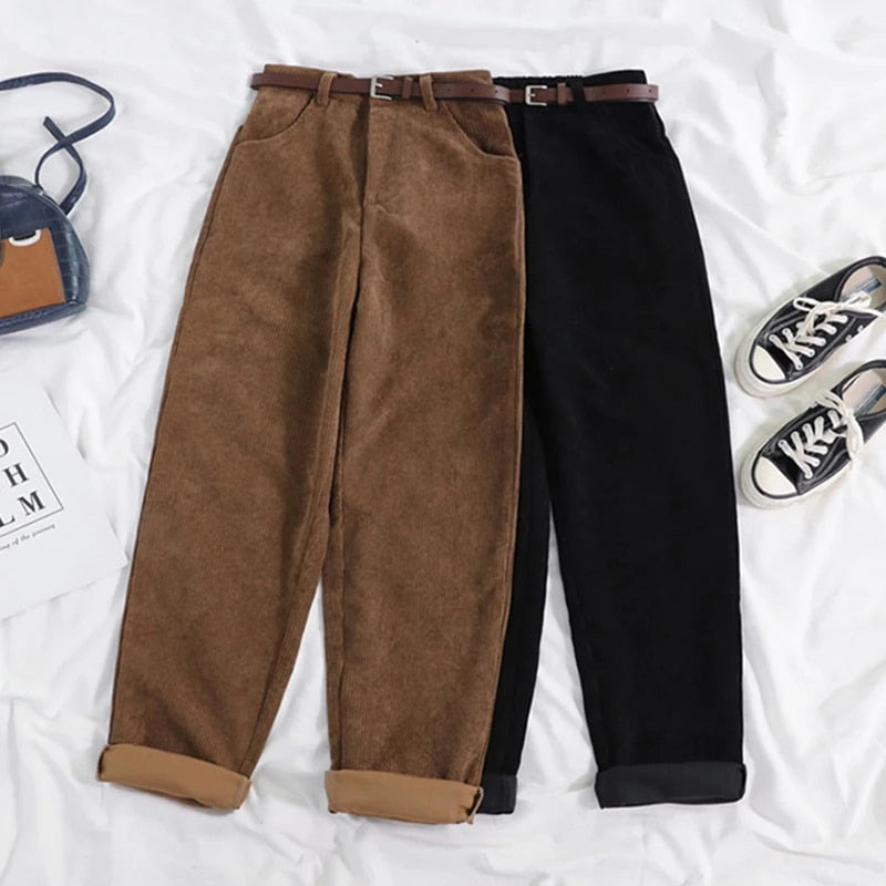 Corduroy broek - Loszittende baggy corduroy broek met hoge taille voor dames-Boetiek Moda