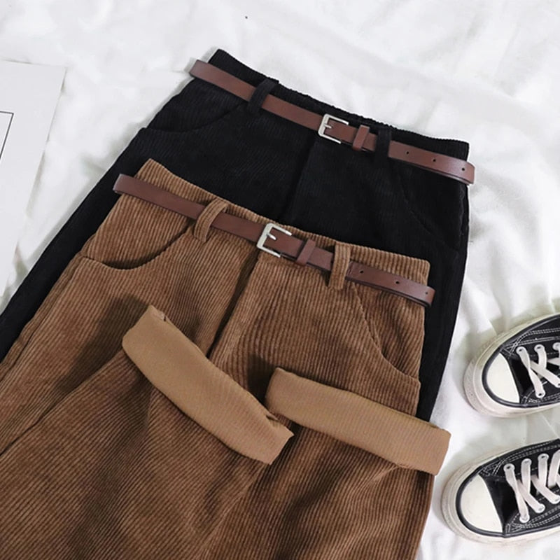 Corduroy broek - Loszittende baggy corduroy broek met hoge taille voor dames-Boetiek Moda