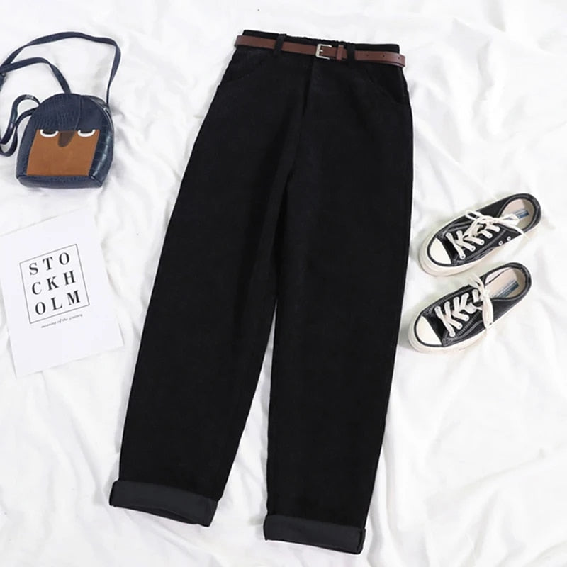 Corduroy broek - Loszittende baggy corduroy broek met hoge taille voor dames-Boetiek Moda