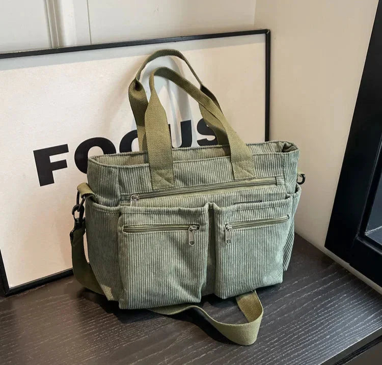 Corduroy tas - Multi-zak schoudertas met lange riem voor dames-Boetiek Moda