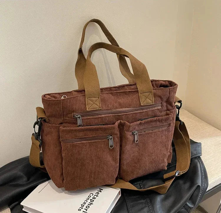 Corduroy tas - Multi-zak schoudertas met lange riem voor dames-Boetiek Moda