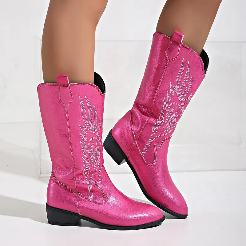 Cowgirl Laarzen - Vrouwen Metallic Western Cowboylaarzen met lage hak-Boetiek Moda