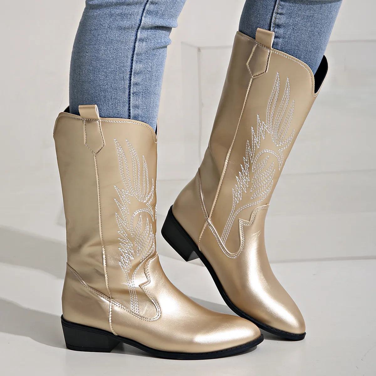 Cowgirl Laarzen - Vrouwen Metallic Western Cowboylaarzen met lage hak-Boetiek Moda