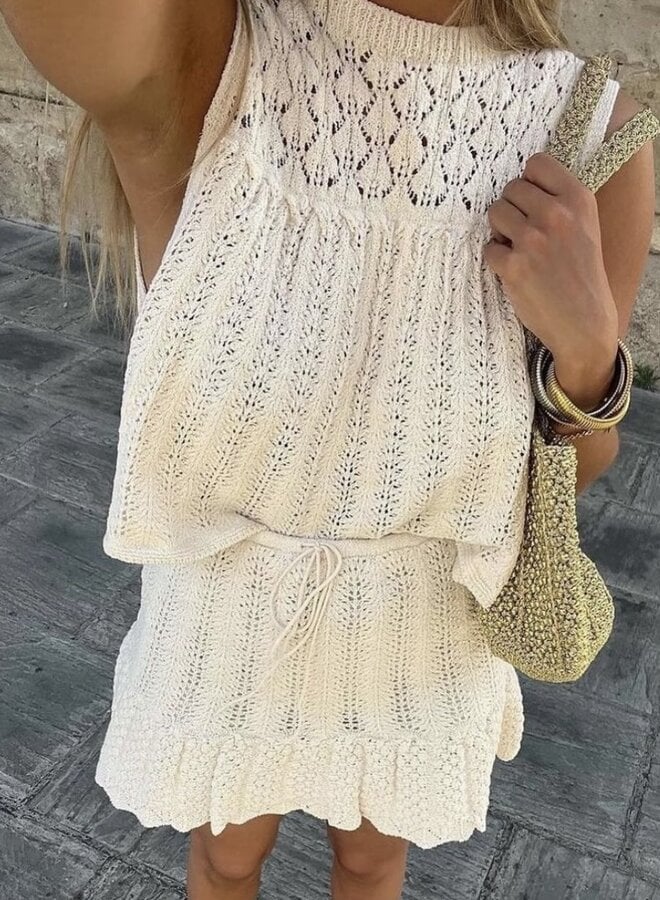 Crochet Co Ord - Wit dames minirokje en topje tweedelige set voor de zomer-Boetiek Moda