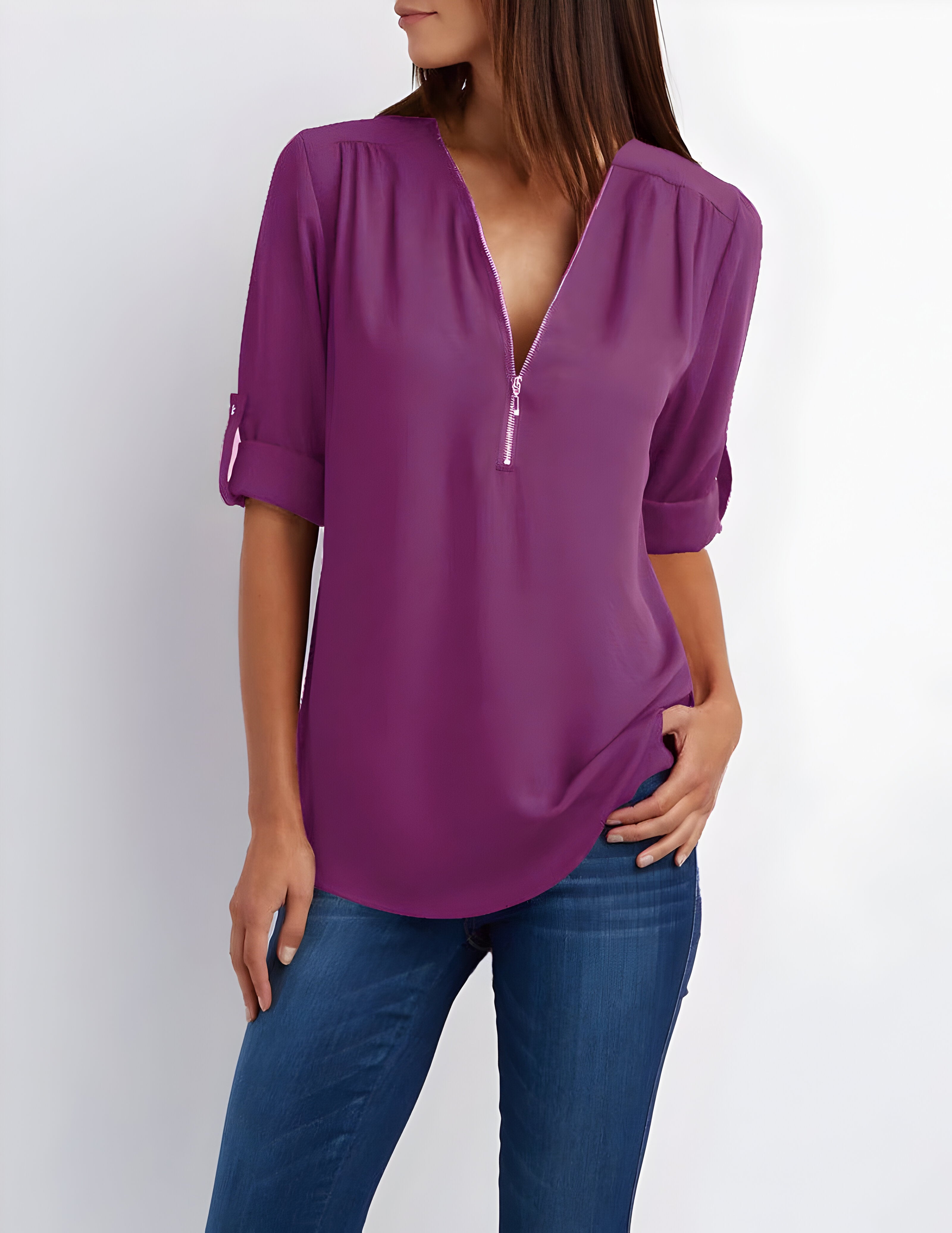 Damesblouse | Losse pasvorm | Lange mouwen | Zomertops | Tops met halve rits Dames-Boetiek Moda