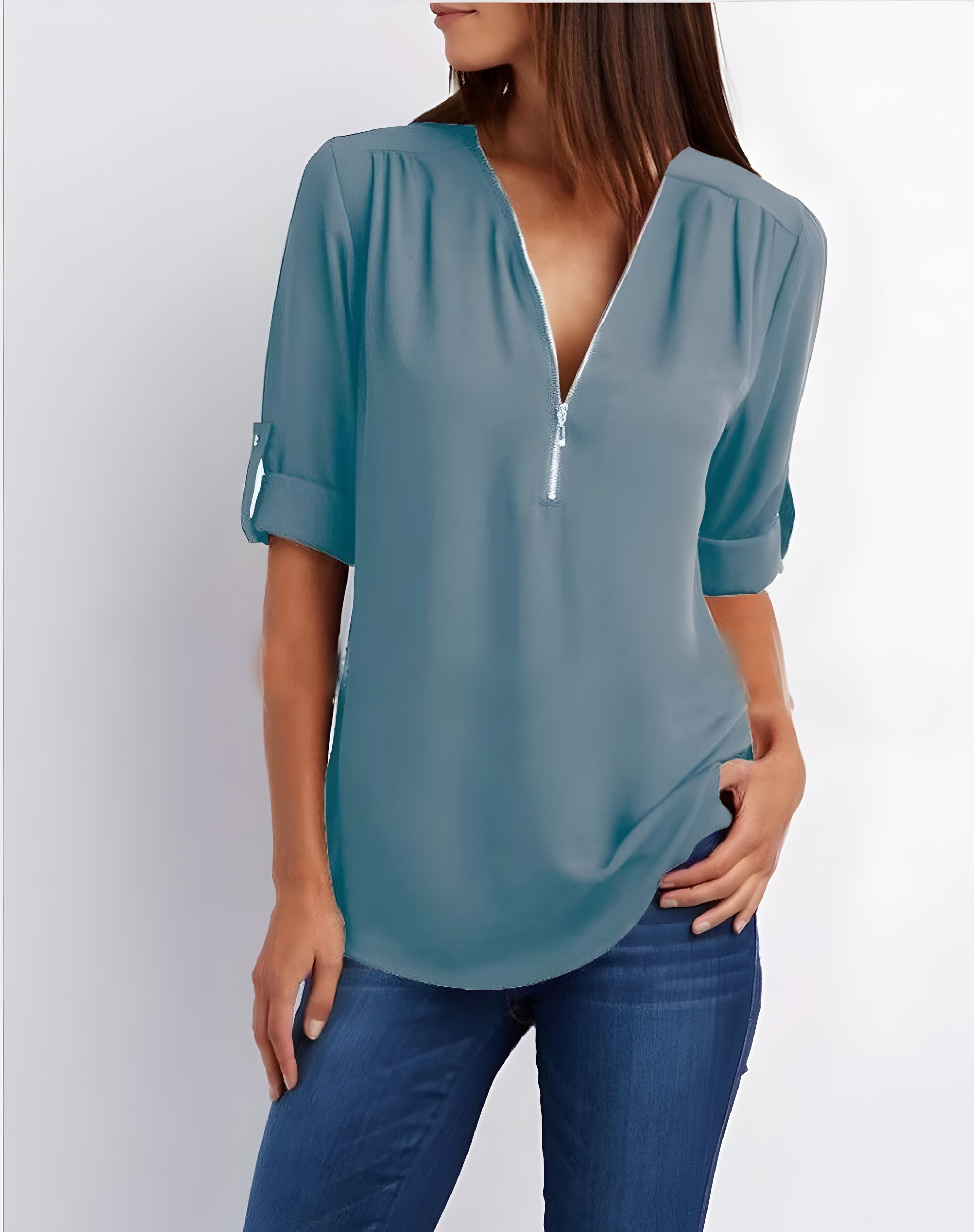 Damesblouse | Losse pasvorm | Lange mouwen | Zomertops | Tops met halve rits Dames-Boetiek Moda
