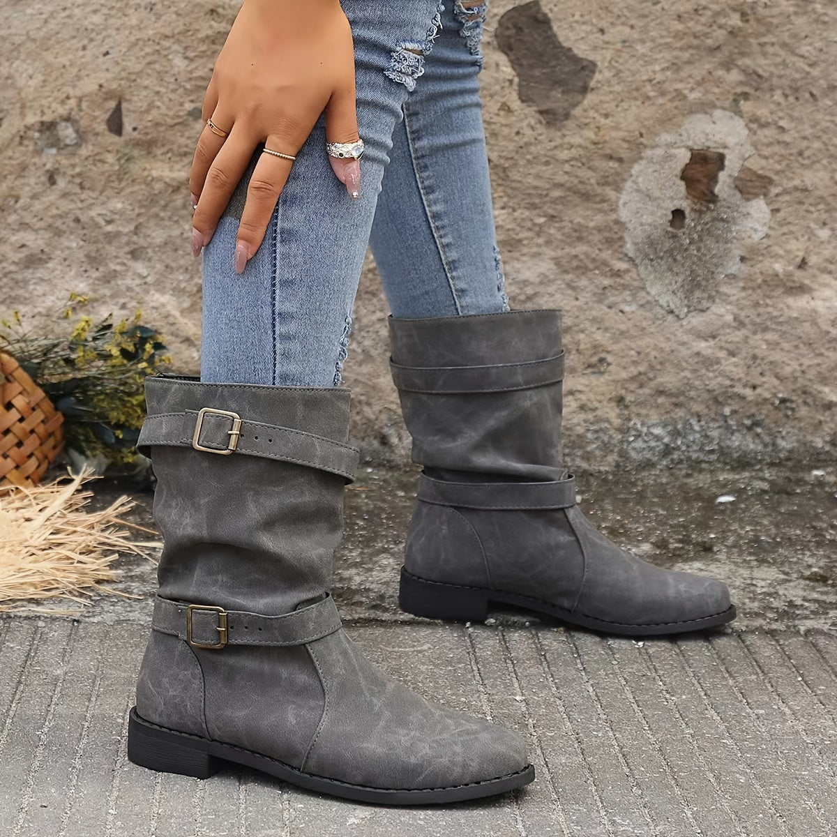 Dameslaarzen | Gespband | Vintage | Halflange laarzen | Slouchy laarzen-Boetiek Moda