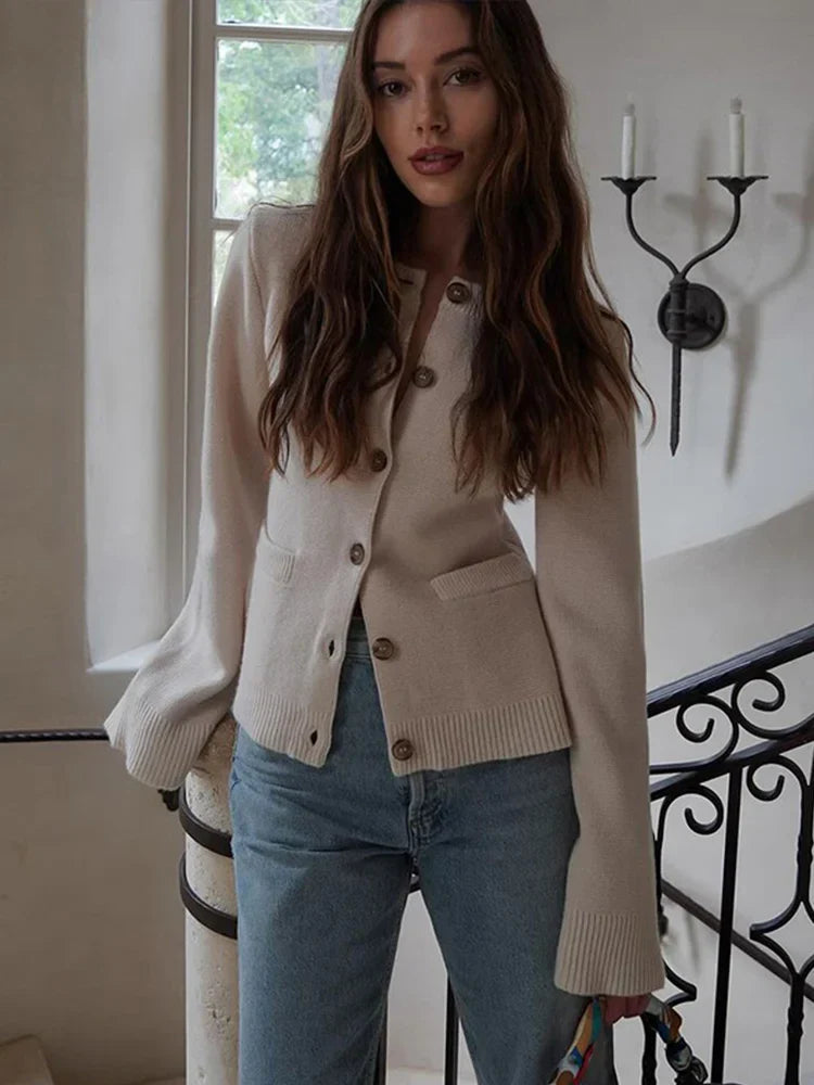 Damesvest - Gebreid vest met lange mouwen en zakken-Boetiek Moda