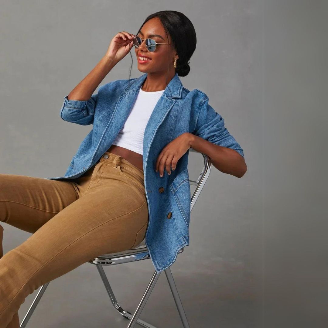 Denim Blazer | Lang | Blauw | Denim Jas | Blazer voor Vrouwen-Boetiek Moda