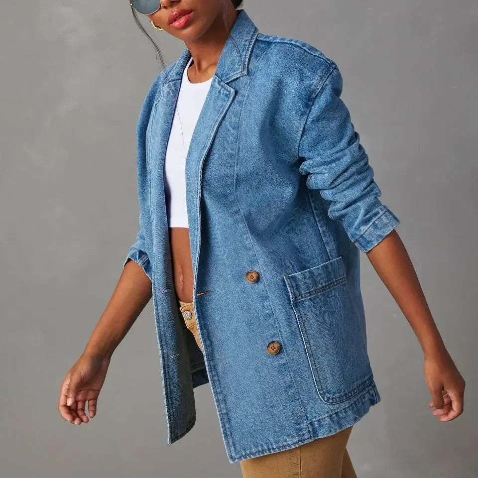 Denim Blazer | Lang | Blauw | Denim Jas | Blazer voor Vrouwen-Boetiek Moda