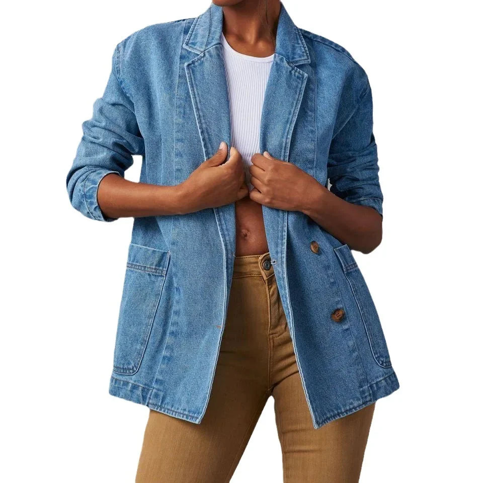 Denim Blazer | Lang | Blauw | Denim Jas | Blazer voor Vrouwen-Boetiek Moda