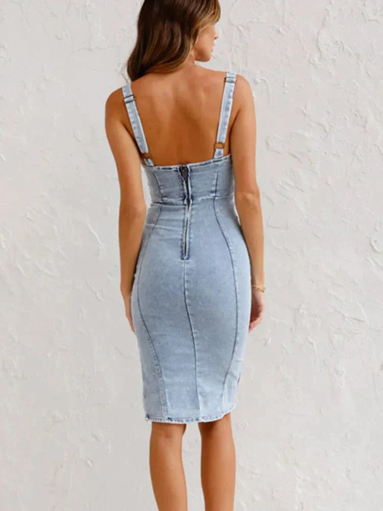 Denim Jurk - Mouwloos - Verstelbare Bandjes - Bodycon Jurk - Zomerjurk-Boetiek Moda