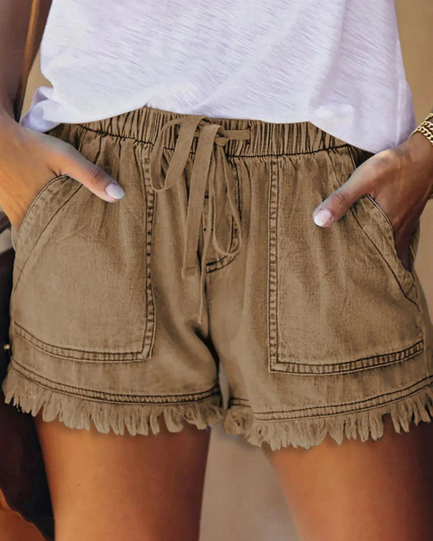 Denim Korte Broek - Dames Mini Shorts met Elastische Taille en Koord voor de Zomer-Boetiek Moda