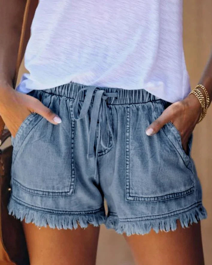 Denim Korte Broek - Dames Mini Shorts met Elastische Taille en Koord voor de Zomer-Boetiek Moda