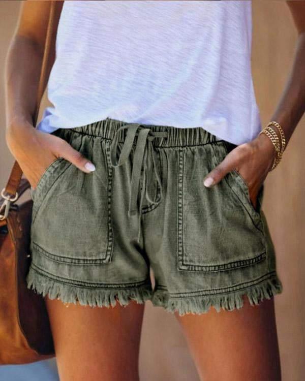 Denim Korte Broek - Dames Mini Shorts met Elastische Taille en Koord voor de Zomer-Boetiek Moda