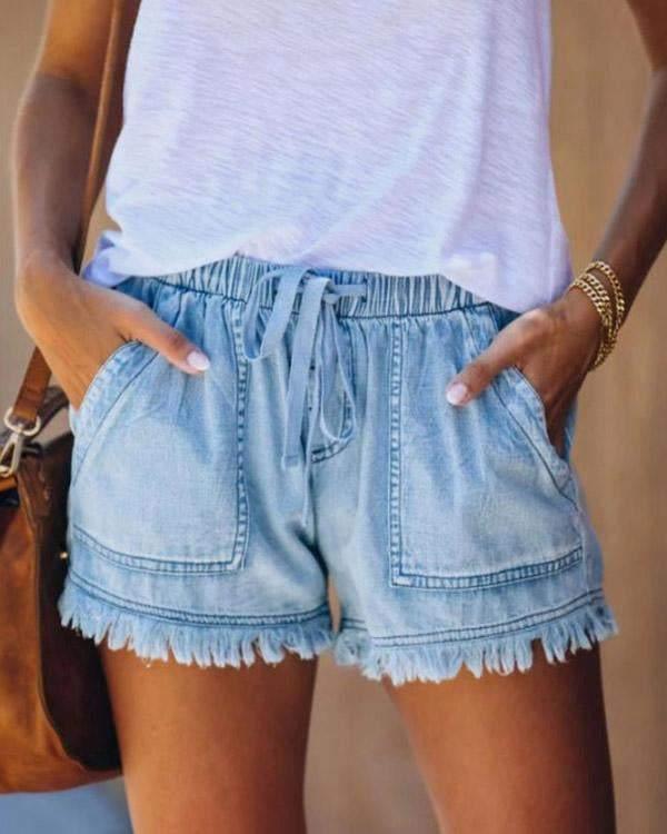Denim Korte Broek - Dames Mini Shorts met Elastische Taille en Koord voor de Zomer-Boetiek Moda