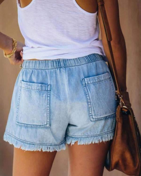 Denim Korte Broek - Dames Mini Shorts met Elastische Taille en Koord voor de Zomer-Boetiek Moda