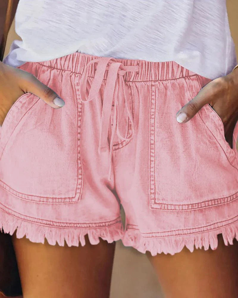 Denim Korte Broek - Dames Mini Shorts met Elastische Taille en Koord voor de Zomer-Boetiek Moda