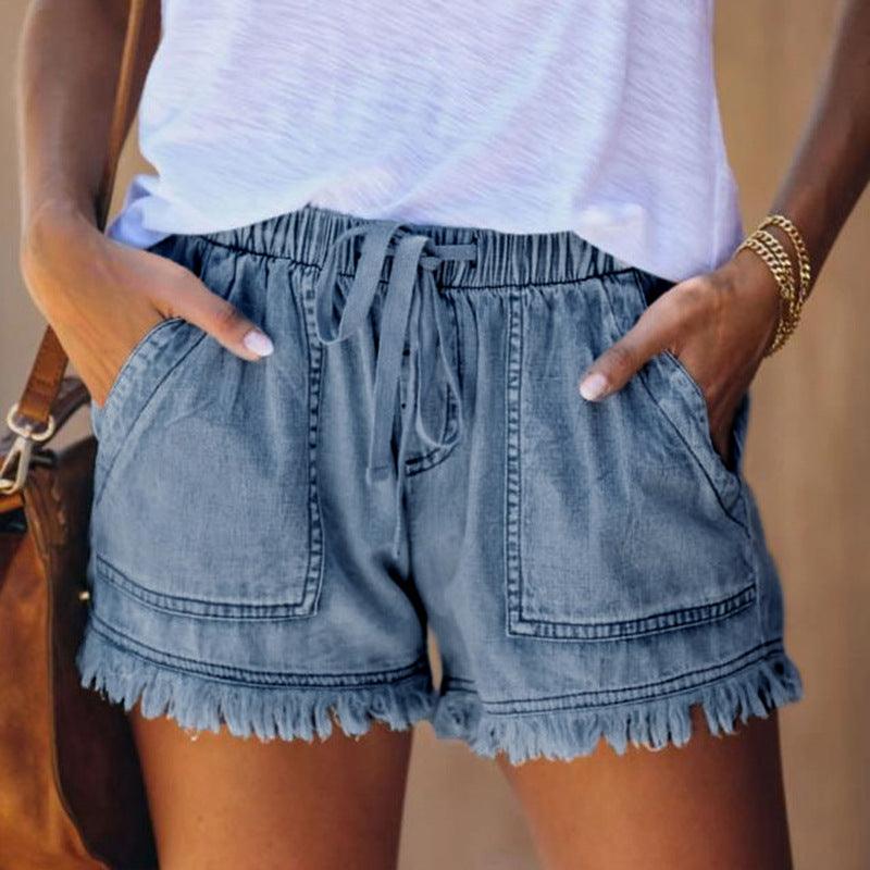 Denim Korte Broek - Koord - Elastische Taille - Mini Korte Broek - Dameskleding-Boetiek Moda