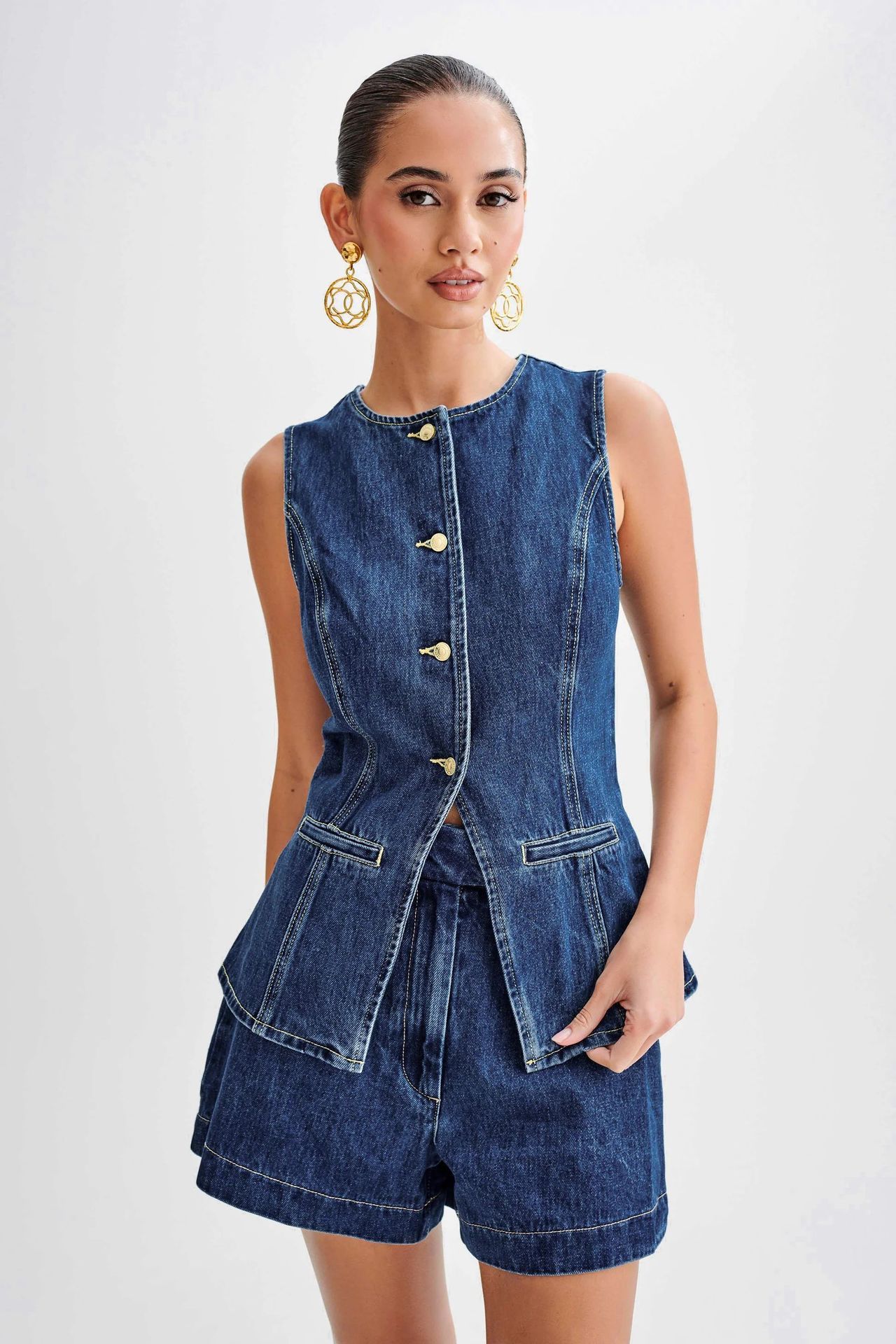 Denim Outfit | Mouwloos | Hoog Getailleerd | Korte Jeans Set | Bijpassende Sets Vrouwen-Boetiek Moda