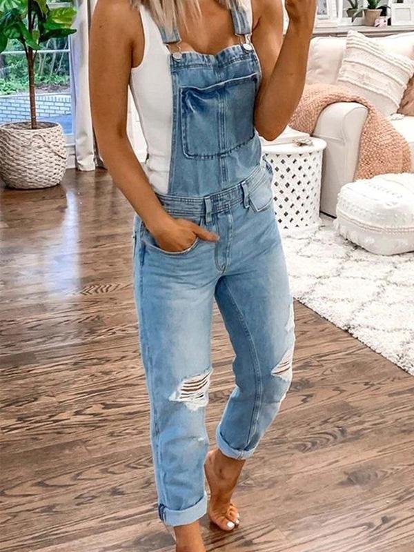 Denim Overalls - Ripped - Mouwloos - Denim tuinbroek - Jumpsuit Denim voor Dames-Boetiek Moda