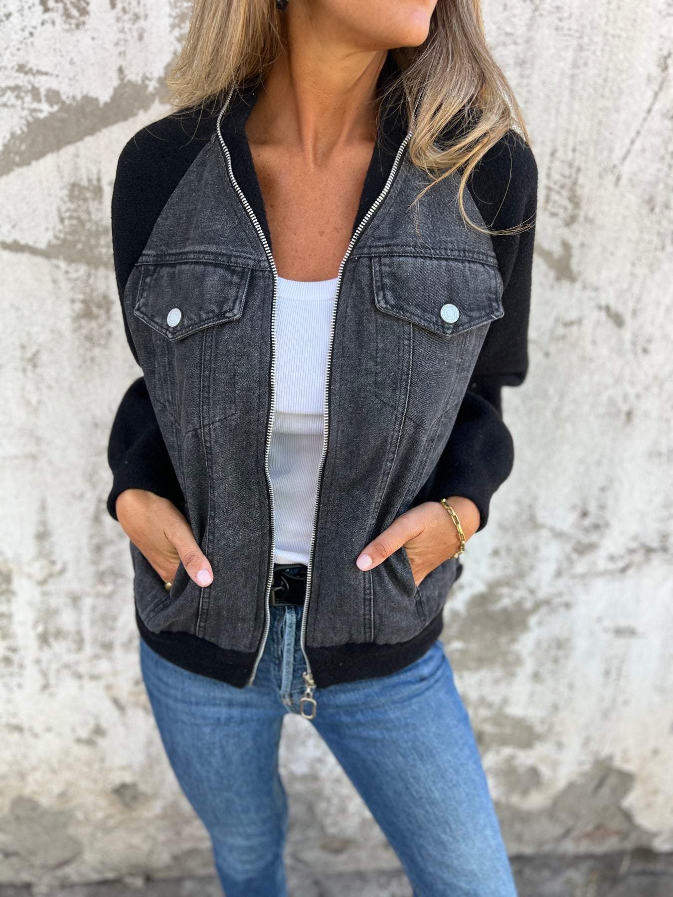 Denim Sherpa Jas - Casual - Zip-Up - Denim Fleece Jas - Damesjas-Boetiek Moda