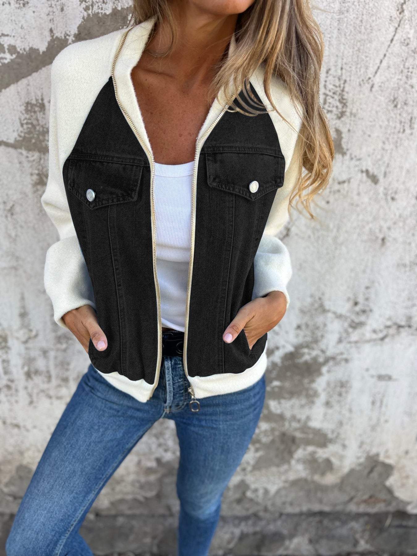 Denim Sherpa Jas - Casual - Zip-Up - Denim Fleece Jas - Damesjas-Boetiek Moda