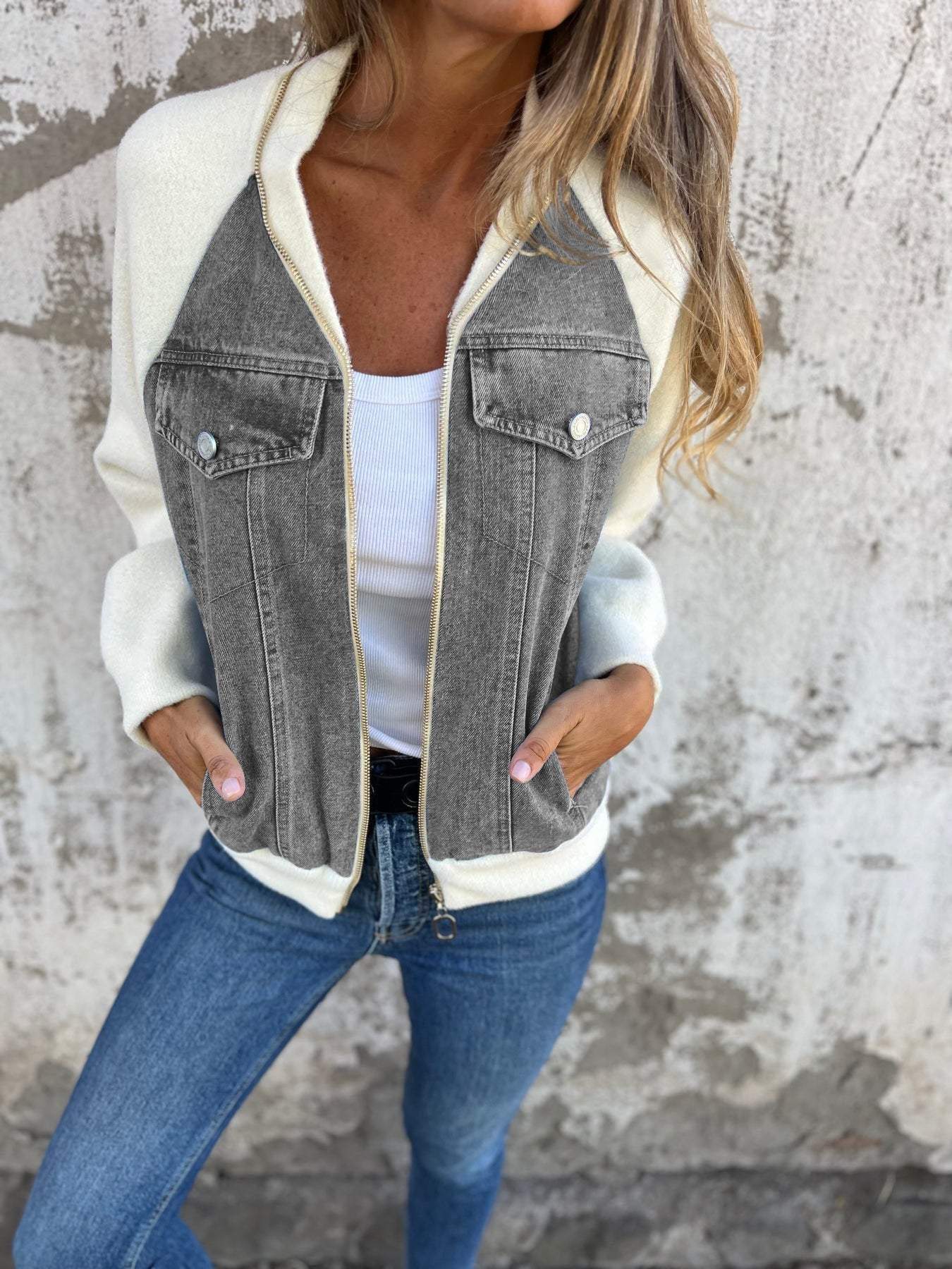 Denim Sherpa Jas - Casual - Zip-Up - Denim Fleece Jas - Damesjas-Boetiek Moda