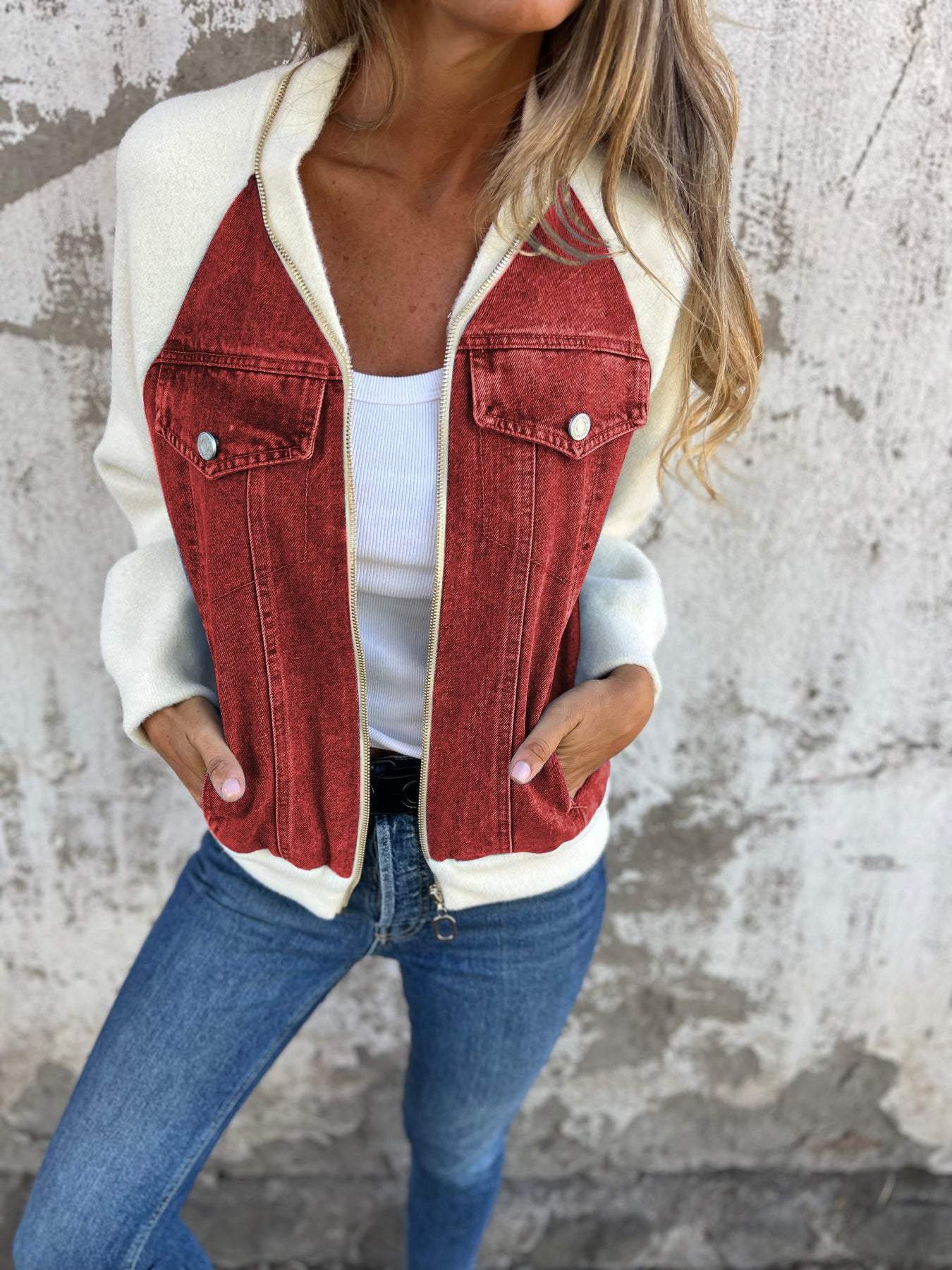 Denim Sherpa Jas - Casual - Zip-Up - Denim Fleece Jas - Damesjas-Boetiek Moda