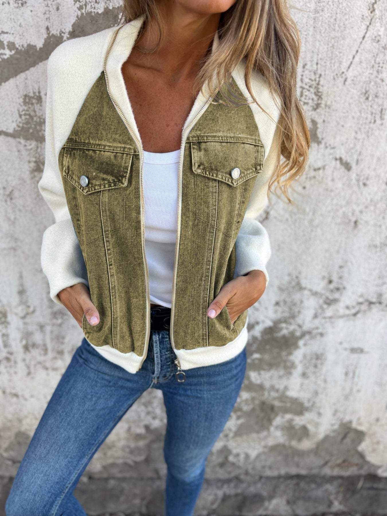 Denim Sherpa Jas - Casual - Zip-Up - Denim Fleece Jas - Damesjas-Boetiek Moda